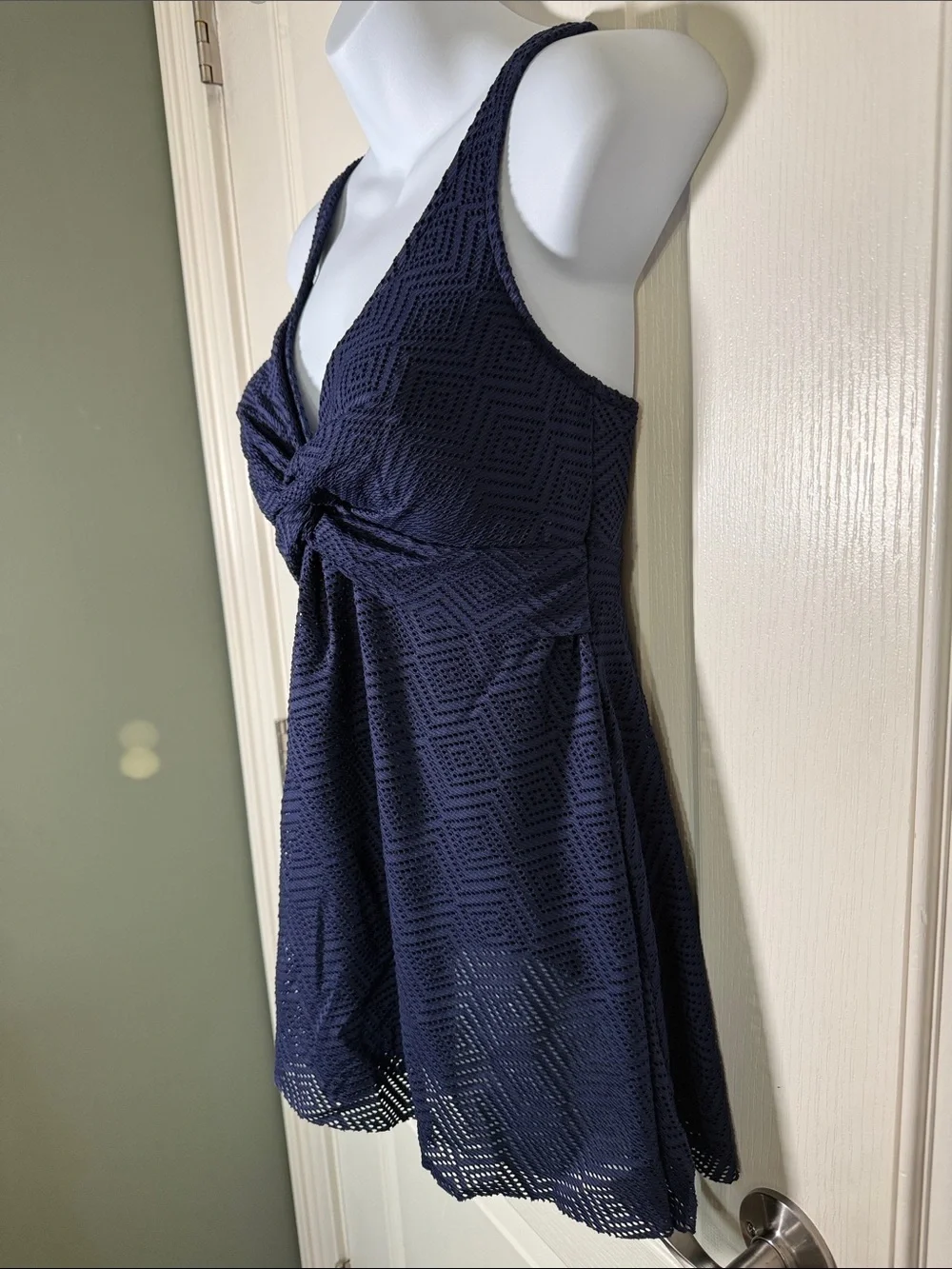 Navy Twist Front Swim Dress One Piece Lace Skirted Swimsuit Size 10